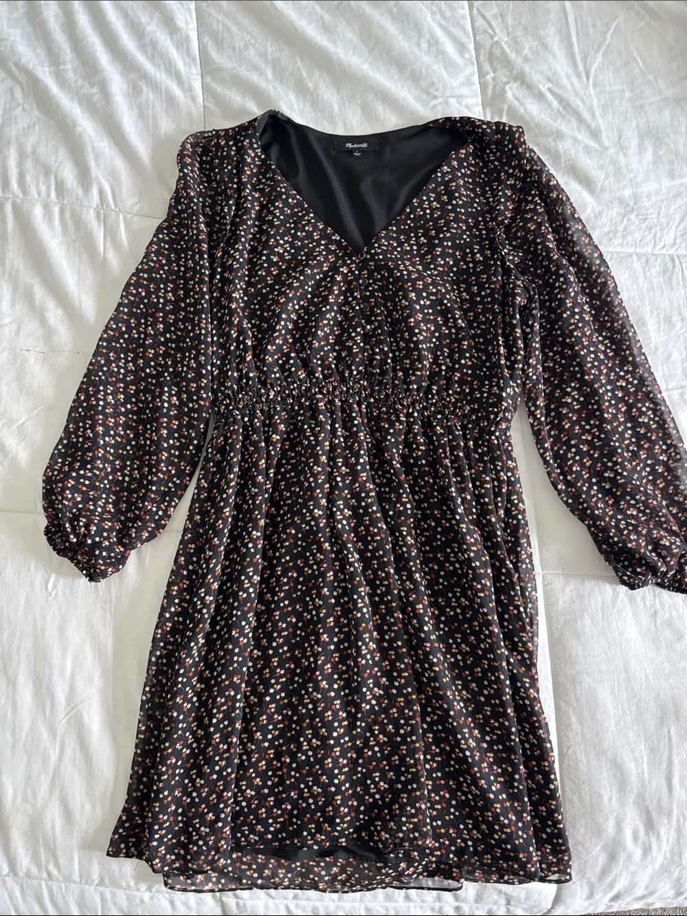 Madewell Black Floral V-Neck Smocked Waist Midi Dress